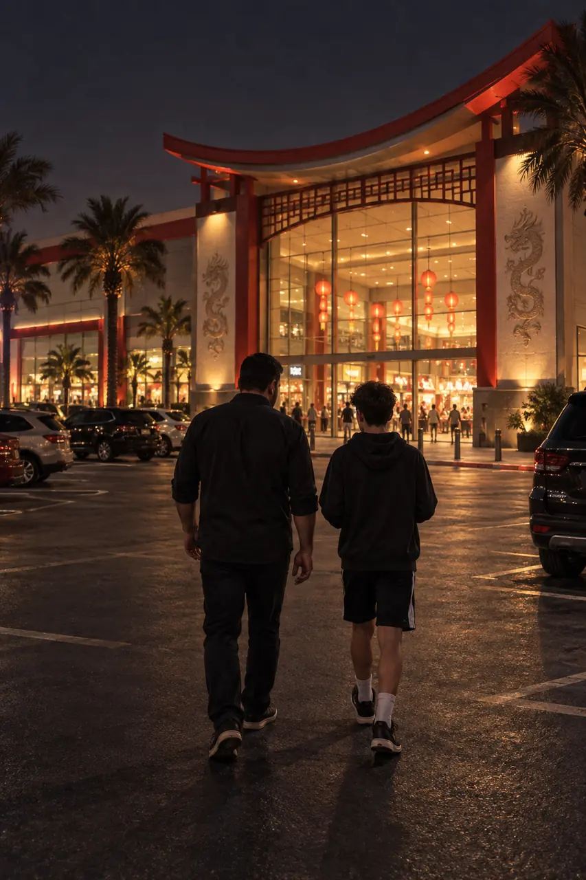 Illustration: a father and son walking towards Dragon Mart at night